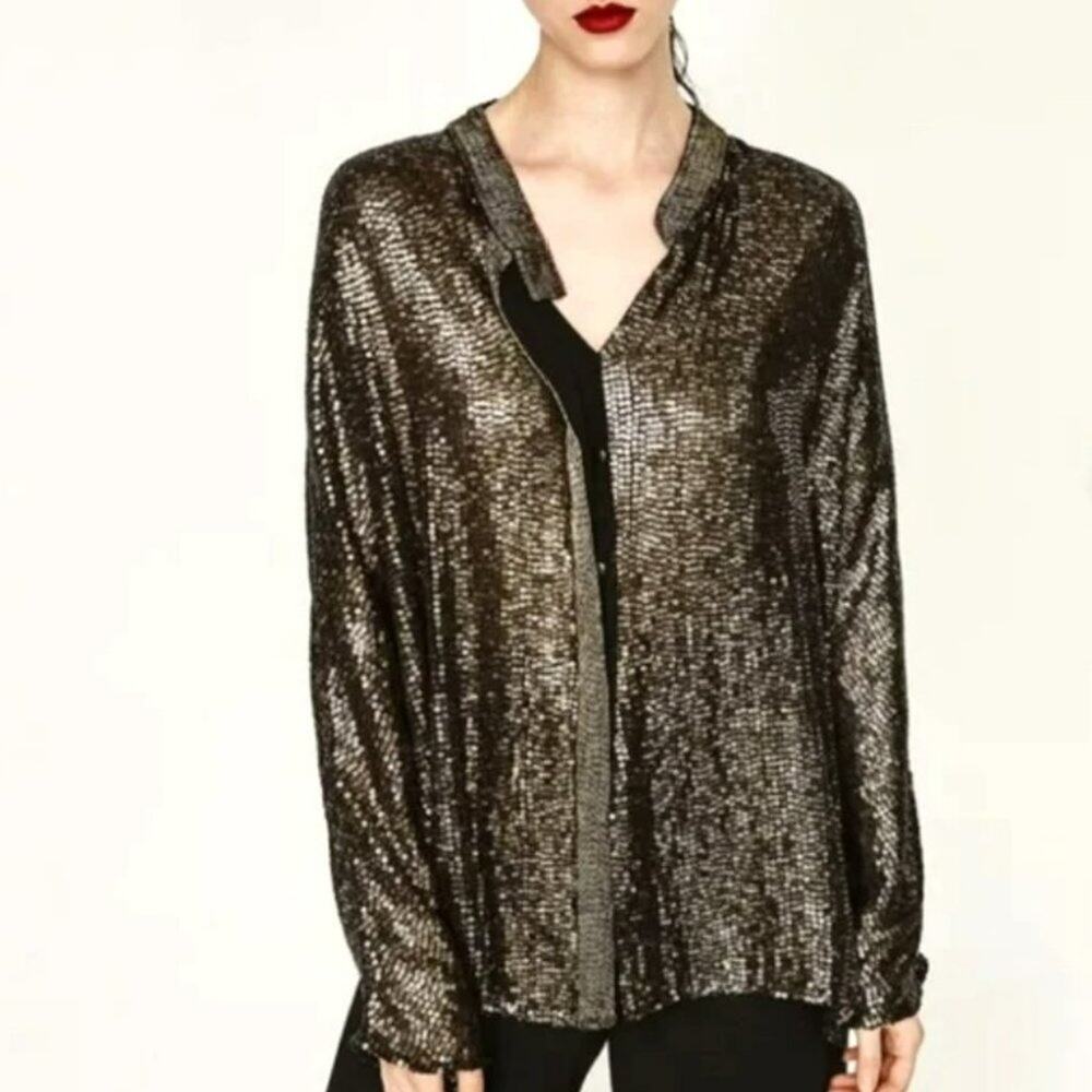 NWT Zara Oversized Gold Black beaded sequin button up jacket cardigan. M